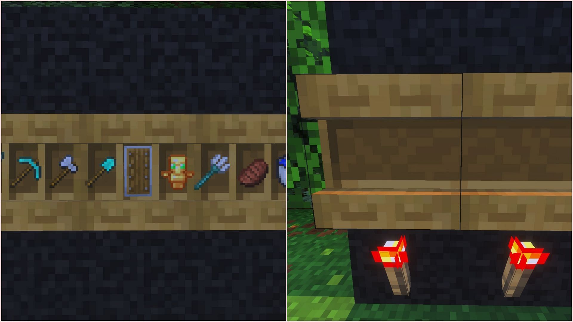 Shelves have an interesting mechanism of storing and retrieving items (Image via Sportskeeda Gaming || Mojang Studios)